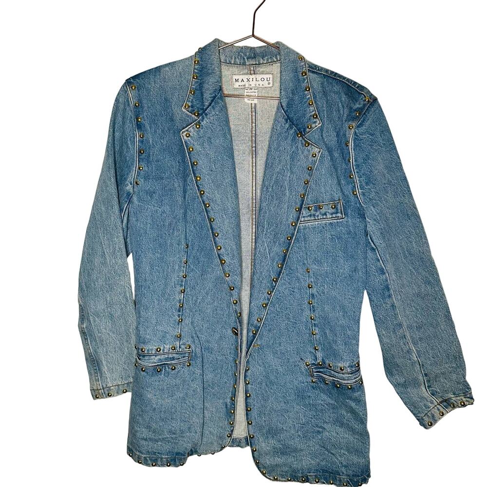 Vintage MAXILOU Light Wash Gold Studded Front Pockets Denim Jacket Size Medium